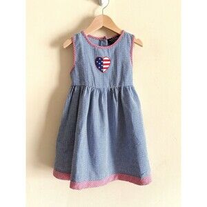 Vintage Y2K Sonoma Patriotic USA‎ Girls Seersucker Gingham Dress Size 4T